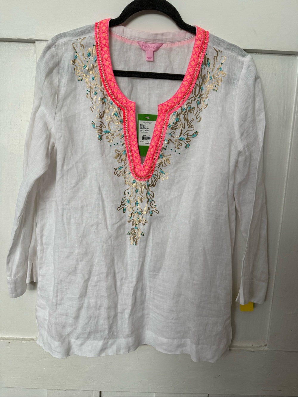 Lilly Pulitzer White Linen Tunic with Neon Pink Trim and Teal Gold Embroidery